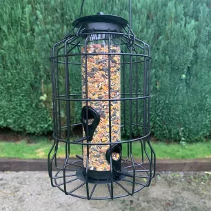Mangeoire pour graines avec cage de protection pour petits oiseaux