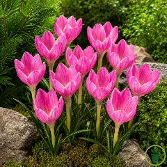 Fleurs rose-mauve pâle de Crocus zonatus (kotschyanus) en touffe naturalisée
