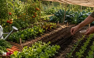 Semis de légumes d'automne dans un potager en août