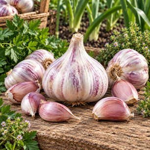 Bulbes d'ail violet Germidour prêts à planter au potager