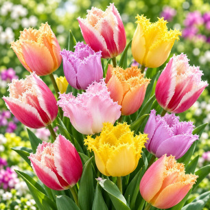 Tulipe Frisée mélange en fleurs roses jaunes mauves et orangées