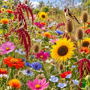 Prairie fleurie pour oiseaux : tournesols, cosmos et cardères en graines