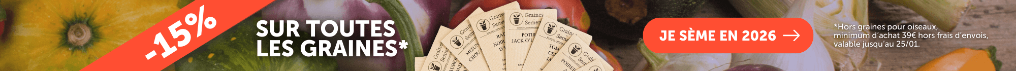 -15 % sur toutes nos graines* dès 39 € d’achat : remise immédiate dans votre panier !