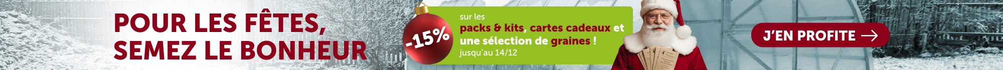 Profitez de -15% sur nos Packs & Kits de graines, cartes cadeaux et une large sélection pour un Noël 100% vert.