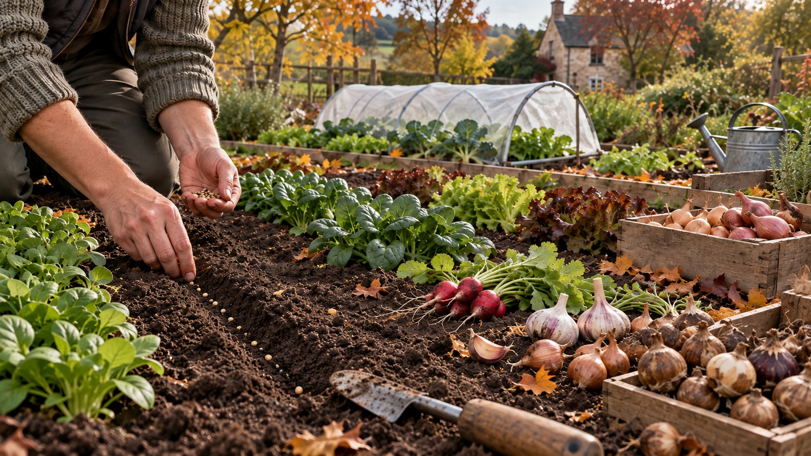 Semis de mâche et plantation de caïeux d’ail dans un potager en octobre