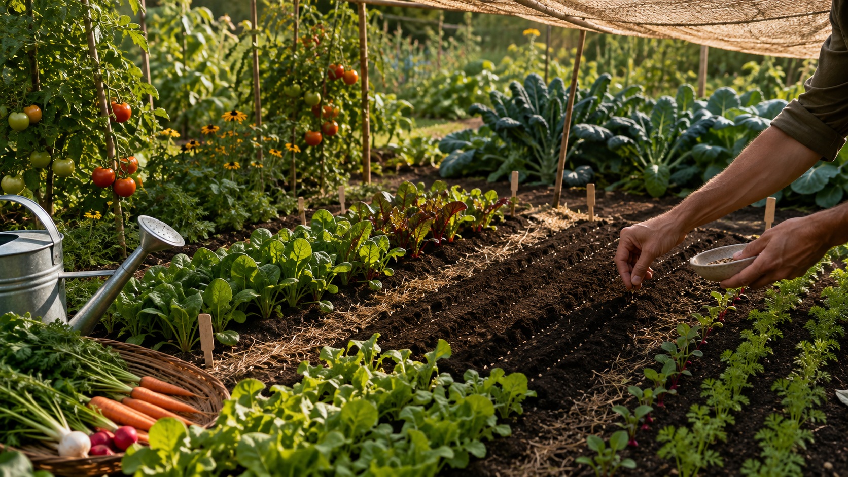 Semis de légumes d'automne dans un potager en août