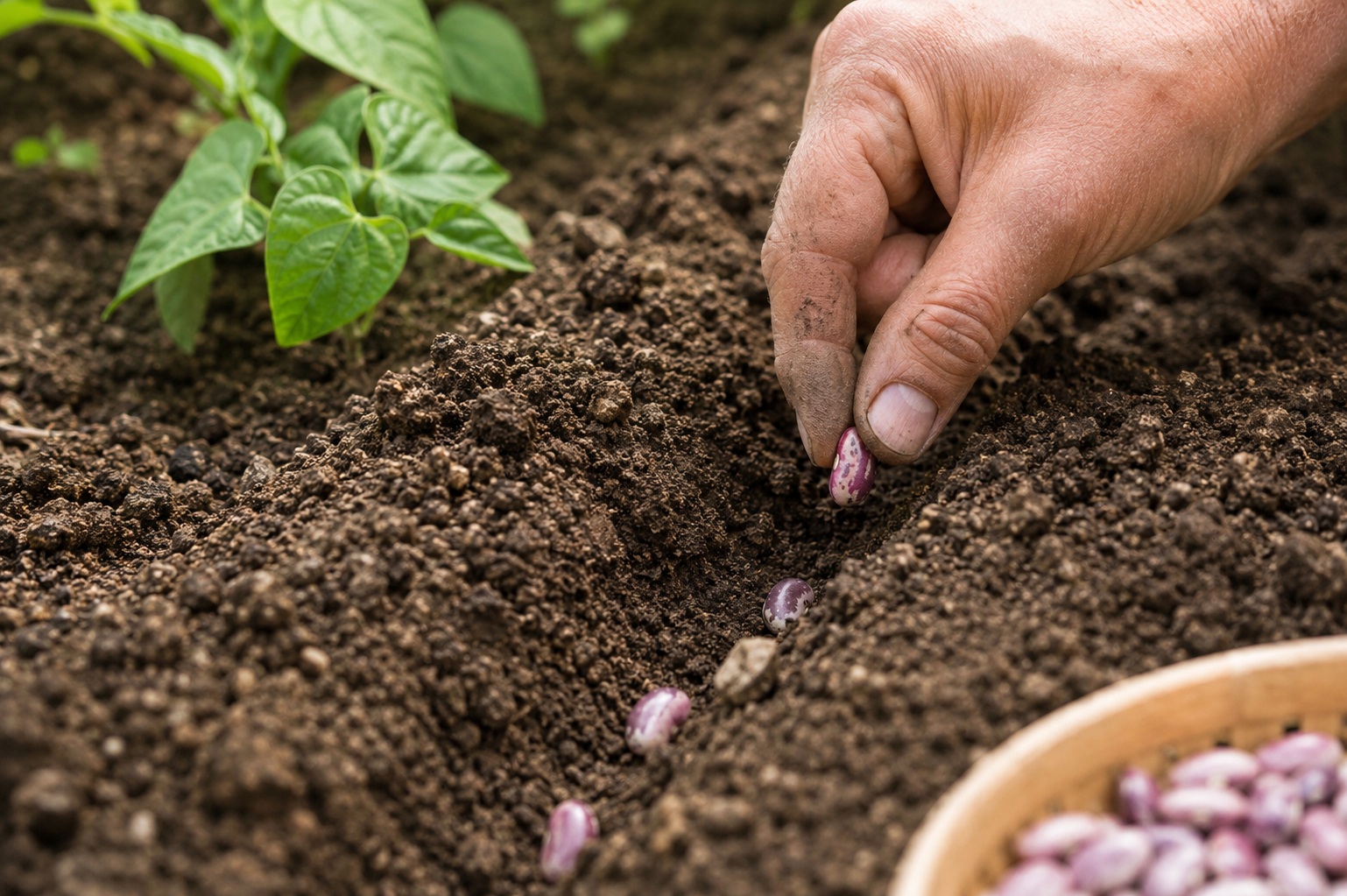 Jeunes semis de haricots dans une terre humide au potager après plusieurs jours de pluie